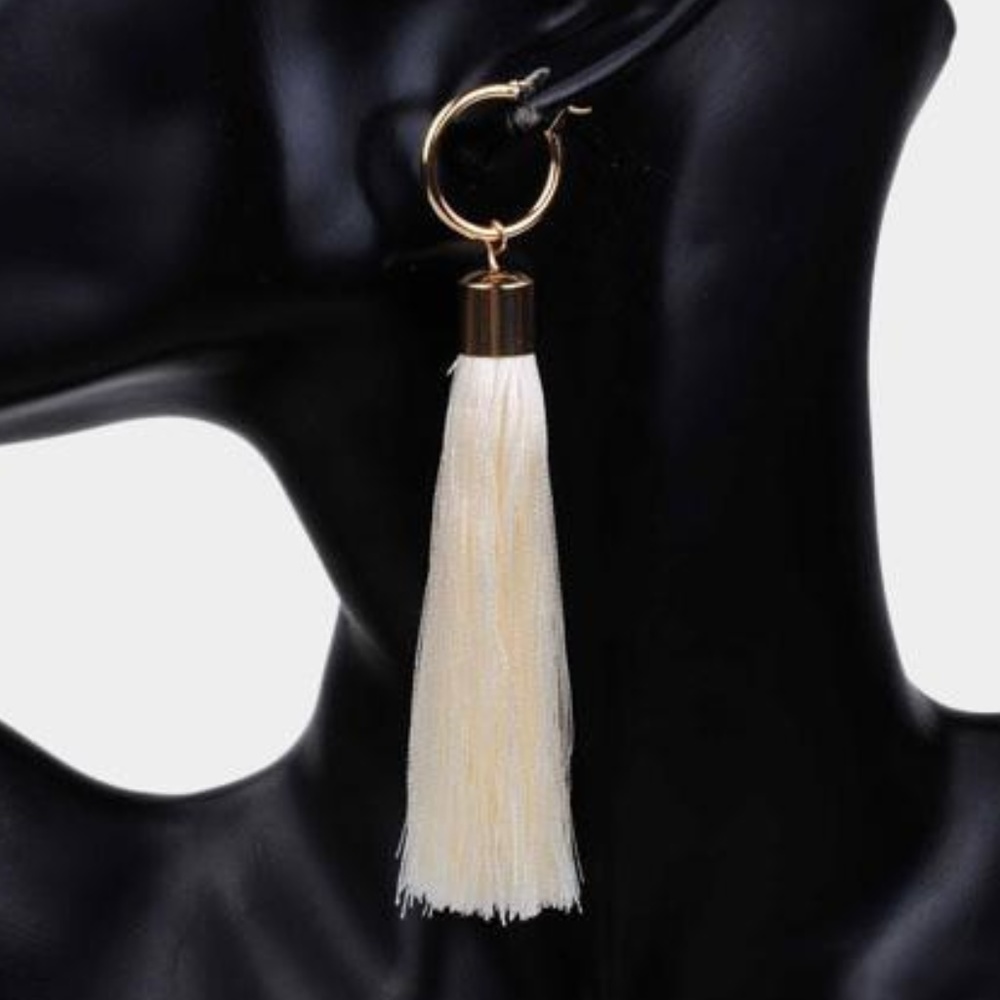 Long Ivory Tassel Metal Hoop Earrings